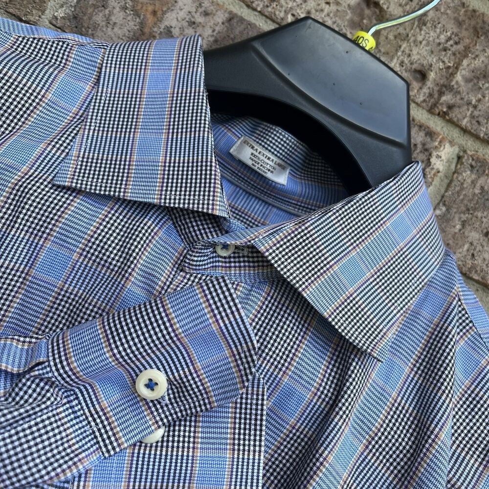Peter Millar Mens 2XL Button Down Shirt Blue Black Plaid Long Sleeve Cotton